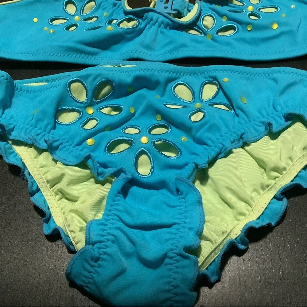 Blue and Lime Floral Bikini Set with Sequins for girls age 6